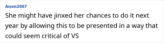 Comment discussing the ex-Victoria’s Secret model battling cancer and her rejection from this year’s show.