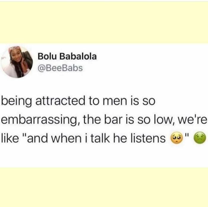 Social media post from the Fight The Patriarchy page joking about low relationship expectations and men listening.