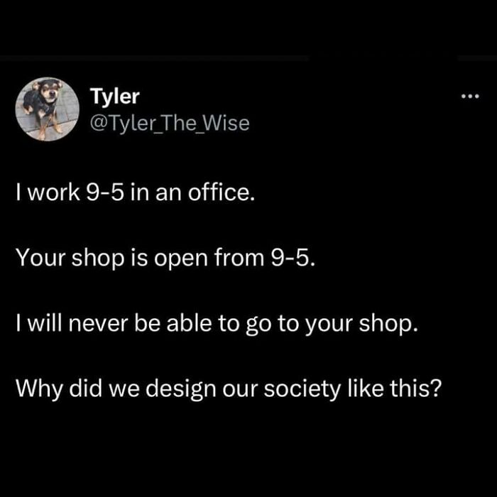 Tweet about work schedules highlighting societal design issues featured in fight the patriarchy posts and memes.