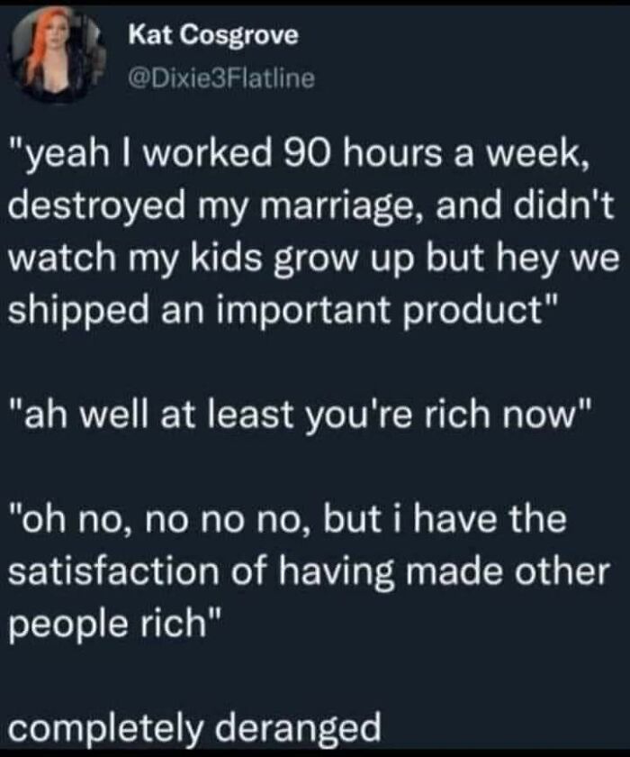 Screenshot of a Fight The Patriarchy post discussing work-life balance and the cost of making others rich.