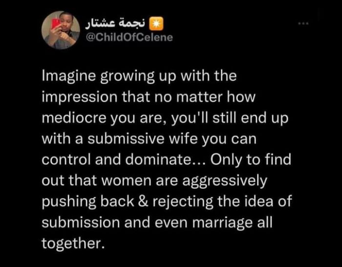 Tweet from Fight The Patriarchy page about women rejecting submission, marriage, and control despite traditional expectations.