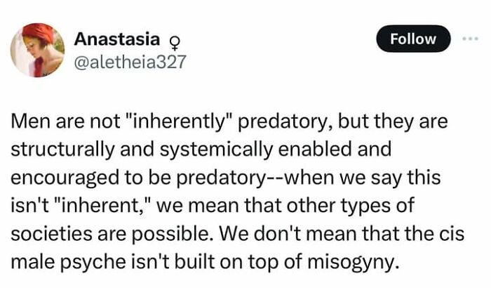 Tweet from fight the patriarchy page discussing systemic patriarchy and predatory behavior in male psyche with a critical tone.