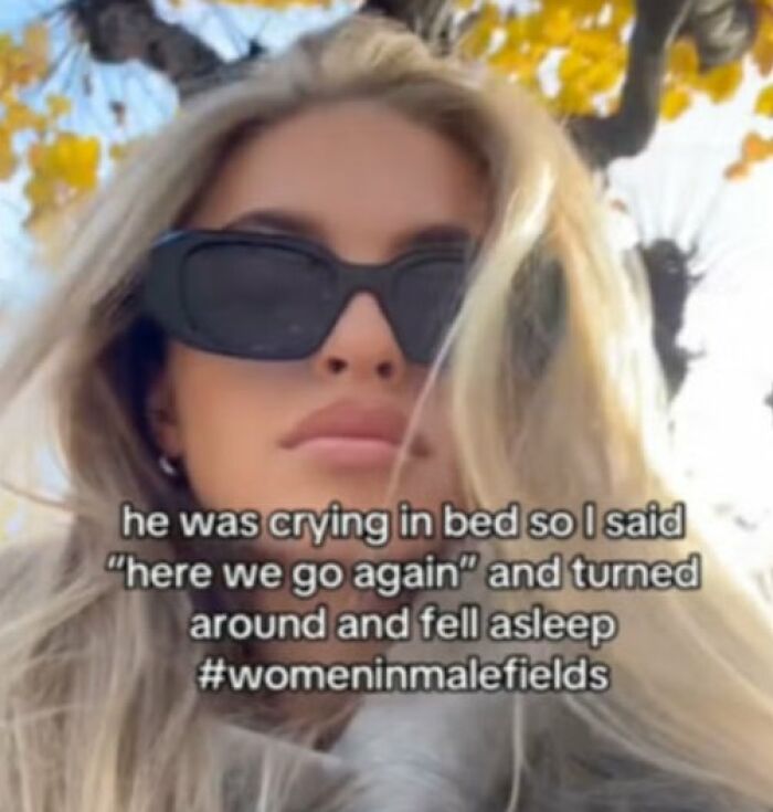Young woman wearing sunglasses outdoors with text about crying in bed, reflecting themes from fight the patriarchy posts and memes.