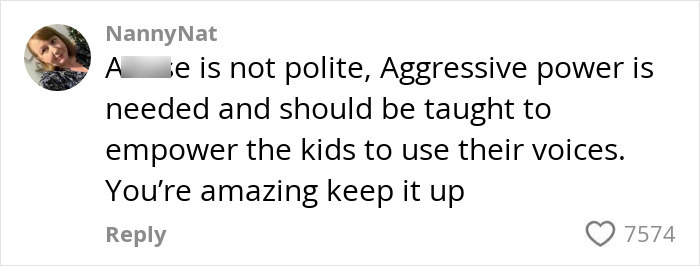 Comment from social media user NannyNat about teaching kids to use their voices, related to first grade teacher debate. Comment from social media user NannyNat about teaching kids to use their voices, related to first grade teacher debate.