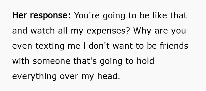 Alt text: Woman realizes friend who forgot wallet duped her and did not show gratitude in a tense text conversation.