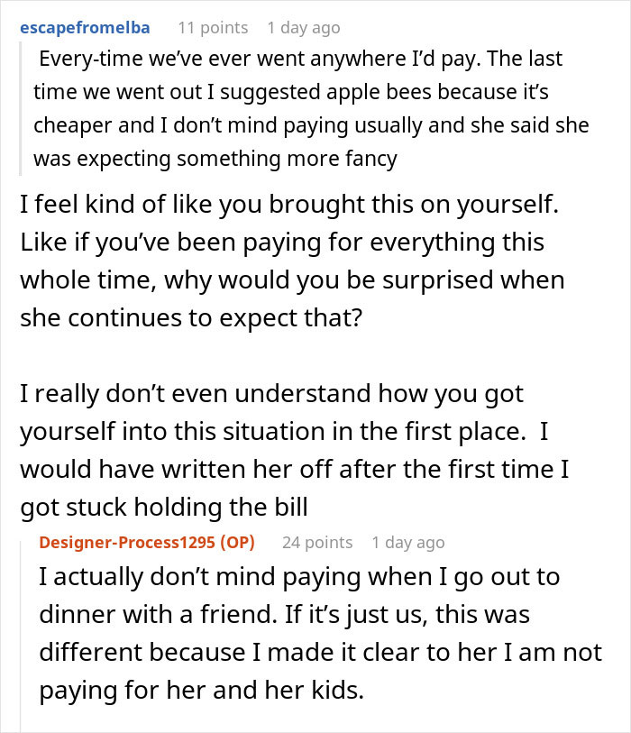 Screenshot of an online discussion where a woman realizes she got duped by a friend who “forgot” her wallet and never thanked her.