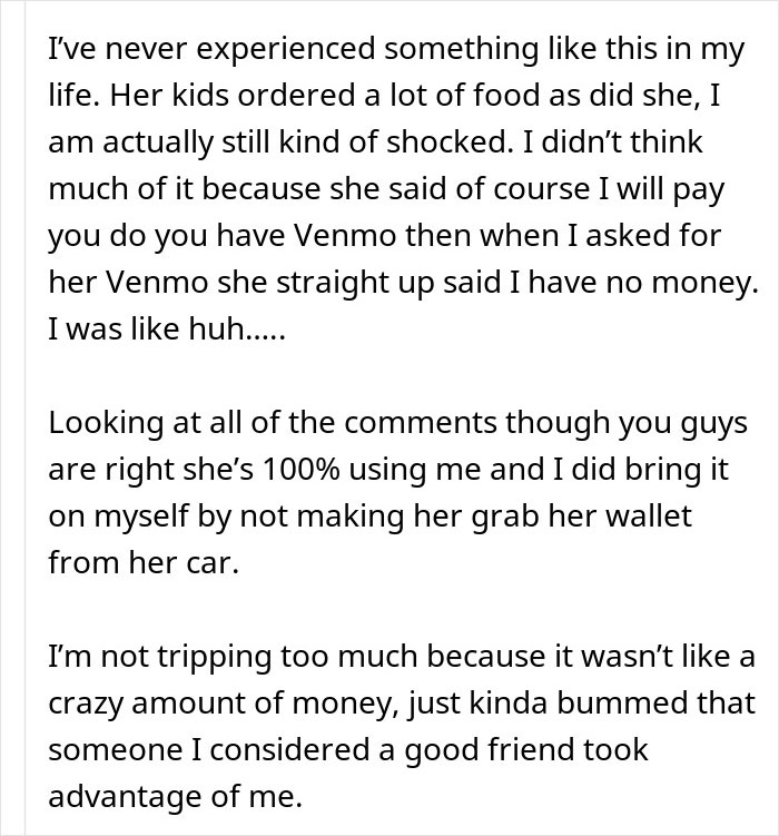 Text post about a woman who realizes her friend used her after forgetting her wallet and not saying thank you.