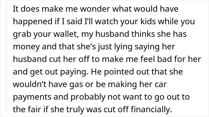 Text discussing a woman who believes a friend forgot her wallet but realizes she was duped and never got a thank you.