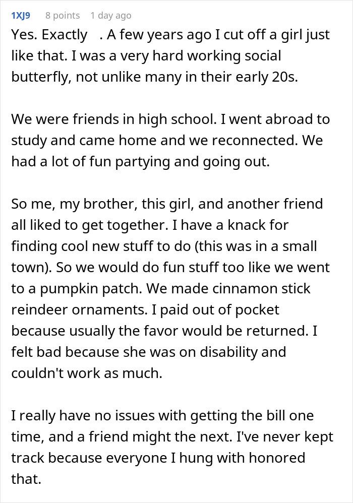 Text excerpt showing a woman sharing how she believed a friend who forgot her wallet and later realized she got duped without a thank you.