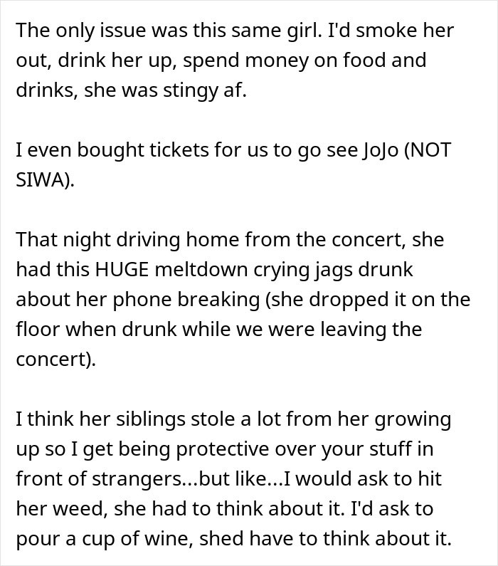 Text excerpt showing a woman’s experience with a stingy friend who caused drama and emotional stress after a concert.