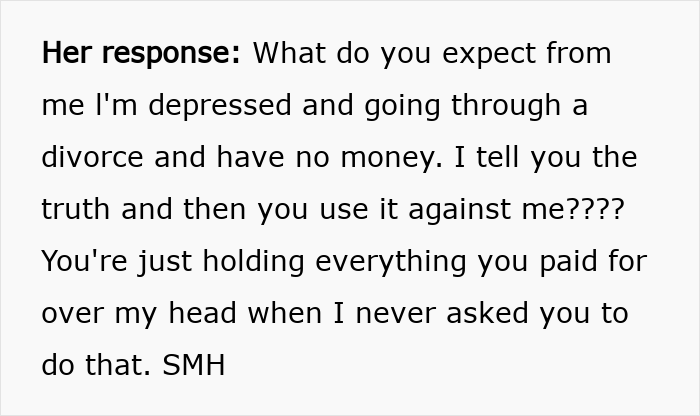 Alt text: Text message showing woman’s response about being duped by a friend who forgot her wallet and never said thank you