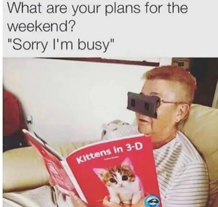 Elderly person wearing 3-D glasses reading a kittens book, a funny cat meme about weekend plans and being busy.