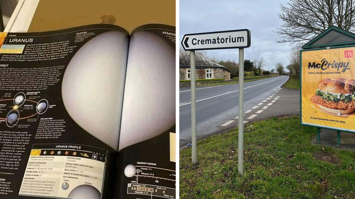 Funny accidental comedy images showing a heart-shaped planet illustration and a crematorium sign next to a McCrispy ad.
