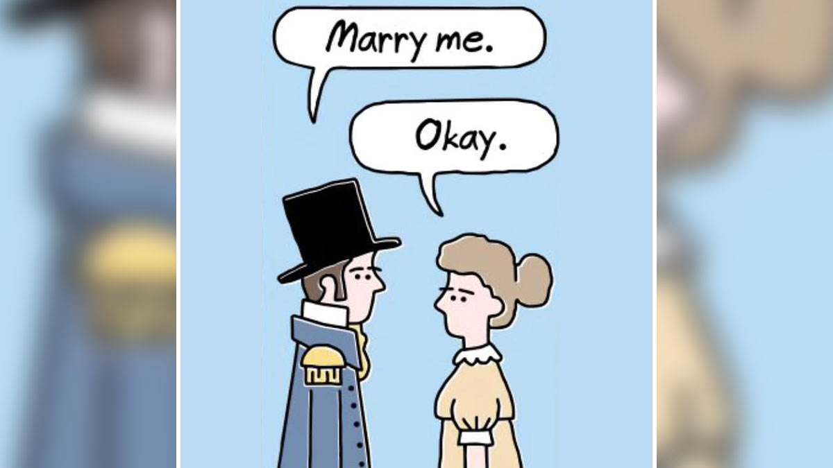 Humorous cartoon depicting a man in historical attire proposing marriage, inspired by science and literature themes.