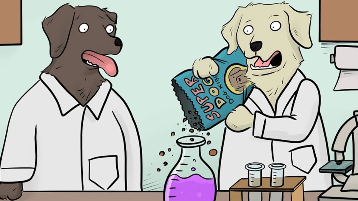 Two dogs in lab coats in a funny single-panel comic, one pouring dog treats into a chemistry flask.