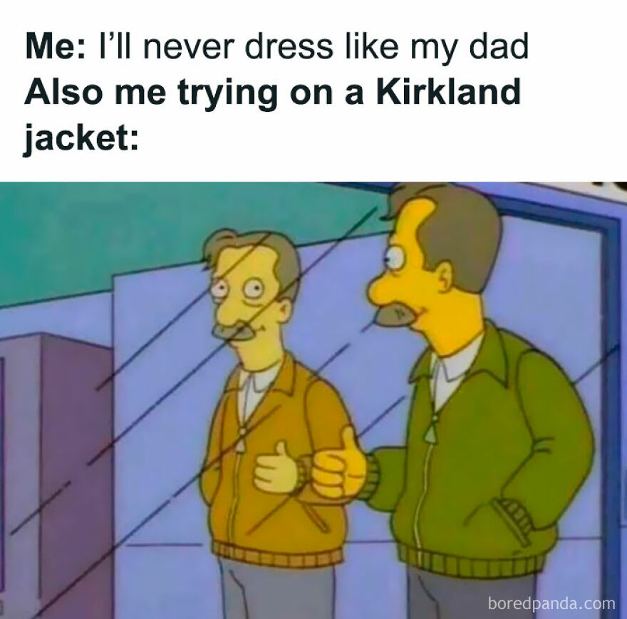 Cartoon dad trying on jackets in mirror, illustrating relatable dad memes and jokes about dads being the same person.
