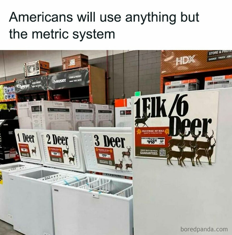 Freezer labels humorously showing "1 Deer," "2 Deer," "3 Deer," and "1 Elk 1/6 Deer" with a dad joke about measurement.