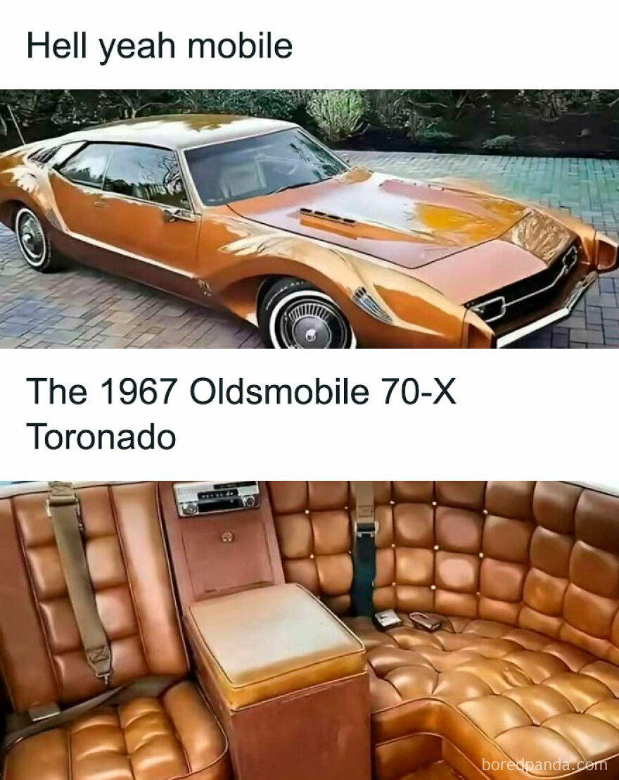 Brown 1967 Oldsmobile 70-X Toronado with vintage exterior and plush leather interior, linked to dad memes and jokes.