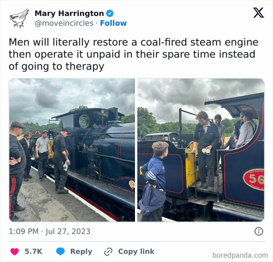 Men restoring a coal-fired steam engine for fun, highlighting relatable dad hobbies and memes about dads being the same person.