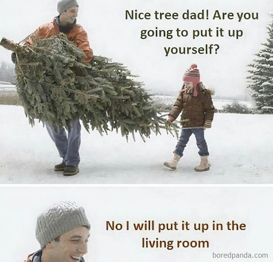 Dad carrying a Christmas tree with a child joking about putting it up, illustrating relatable dad memes and jokes.