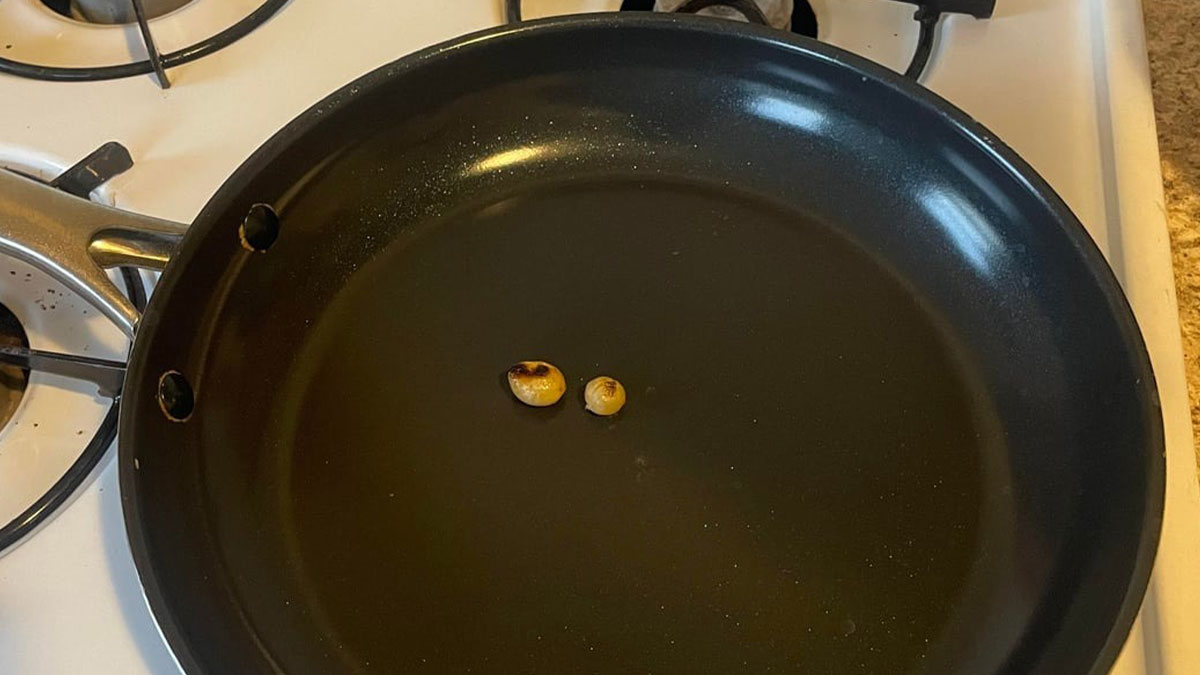 Two tiny burnt corn kernels in a frying pan, a humorous garden joke playing on the size of vegetables.