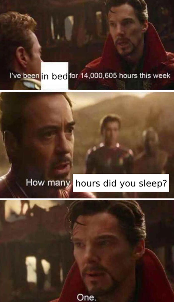 Scene from a movie meme showing a conversation about being in bed but only sleeping one hour, highlighting insomnia humor.