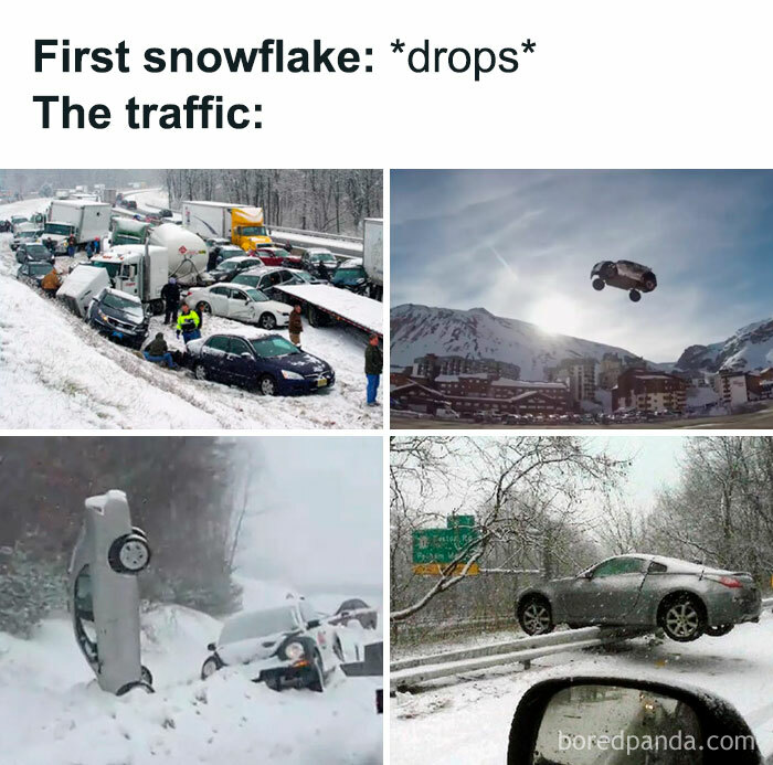 Snow-covered roads causing multiple car crashes and chaotic traffic, illustrating why road rage meme humor exists. Snow-covered roads causing multiple car crashes and chaotic traffic, illustrating why road rage meme humor exists.