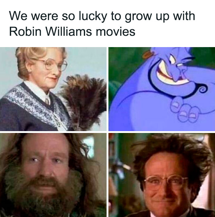 Images from popular Robin Williams movies, evoking 90s posts nostalgia and unlocking forgotten childhood memories.