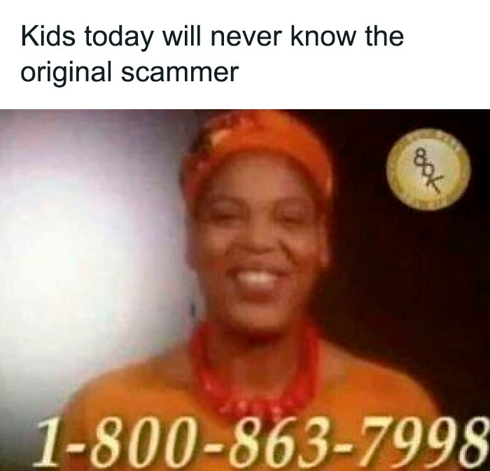 Original 90s scammer woman smiling with a vintage phone number in a nostalgic 90s posts memory image.