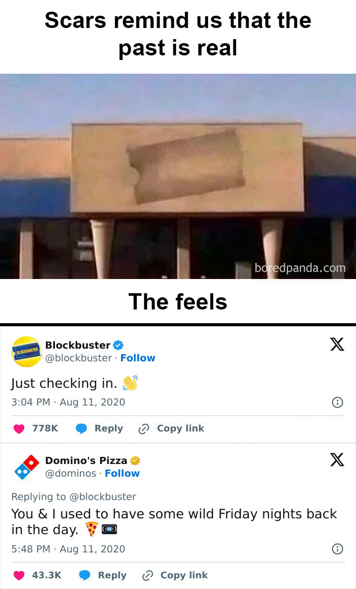 Empty Blockbuster store with a patch on the sign and nostalgic social media posts about '90s memories.