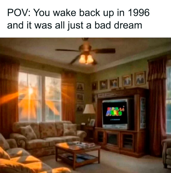 Living room with vintage decor and a TV showing Super Mario 64, evoking ’90s posts and nostalgic memories.