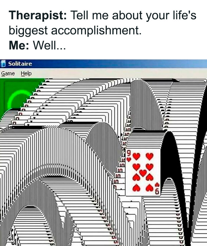 Therapist asks about biggest accomplishment with a classic 90s Solitaire card cascade on a retro computer screen.