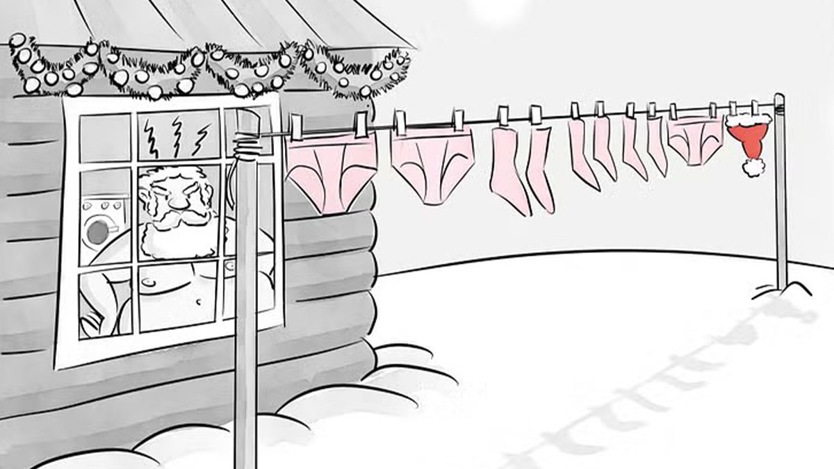 One-panel comic by Hard Toons showing a man looking out a window at Santa-themed underwear hanging on a clothesline.