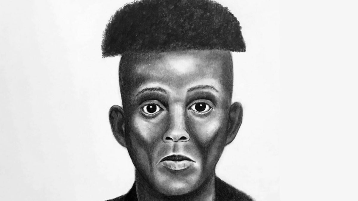Police sketch with exaggerated features resembling a poorly drawn caricature in a black and white pencil drawing.