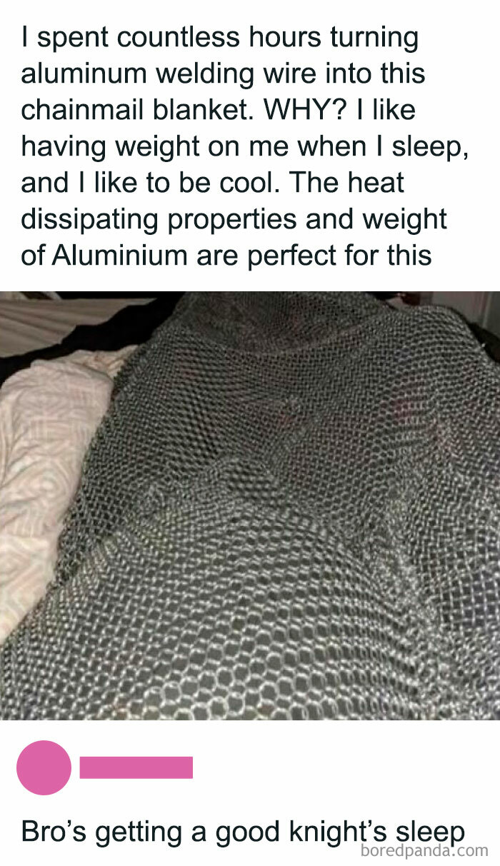 Photo of a handmade aluminum chainmail blanket with a cringy dad joke about getting a good knight's sleep.