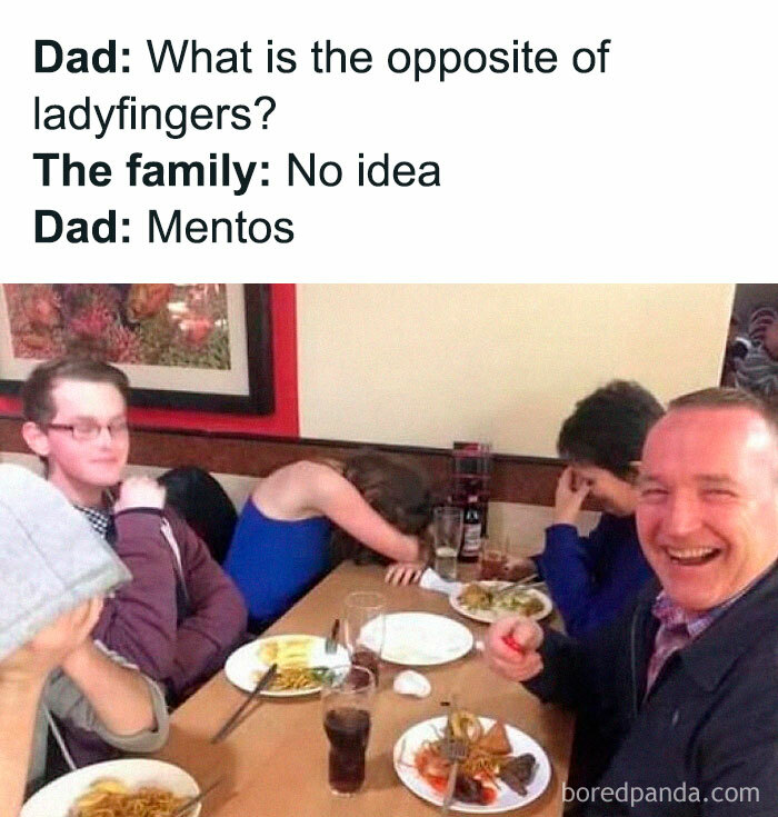 Dad telling a hilariously cringy joke about ladyfingers and Mentos while family reacts with laughter and facepalms.