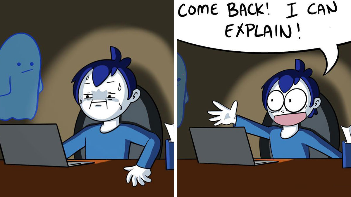 Comic panels showing a tragic situation turned hilarious with a character sweating nervously then pleading to explain.