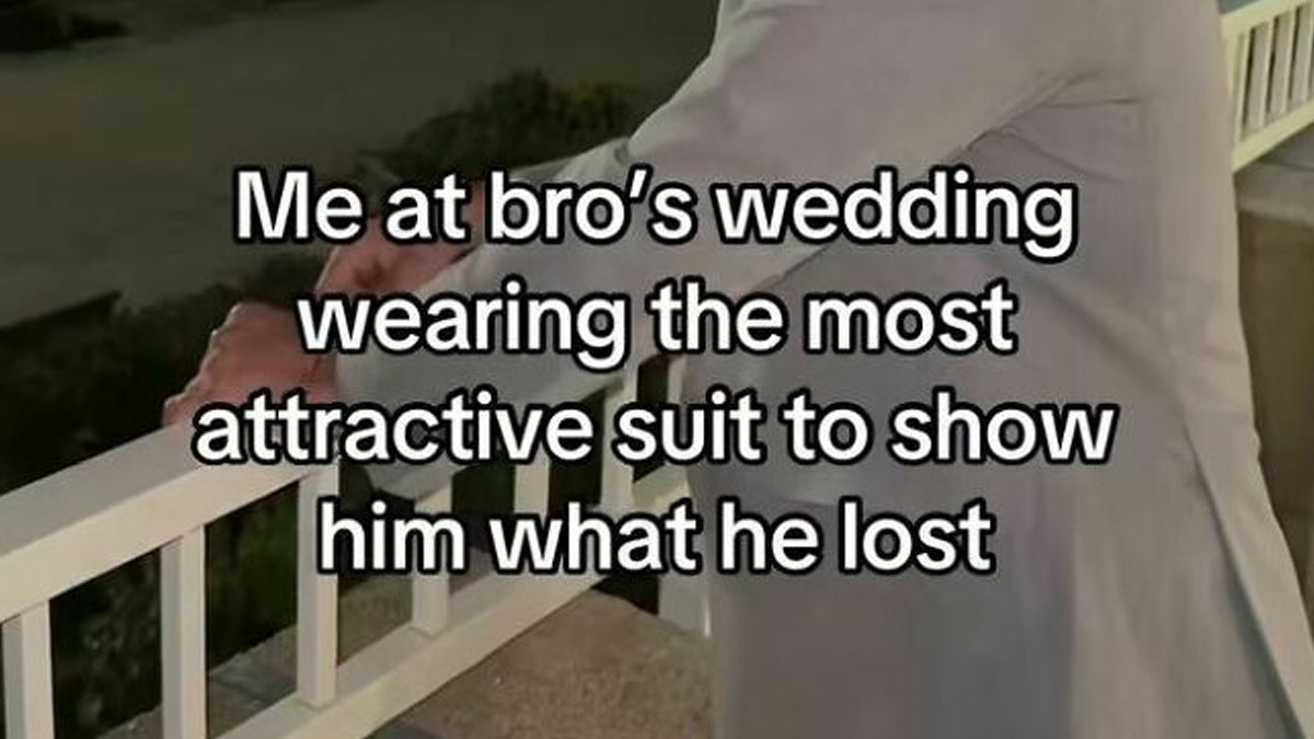 Person leaning on railing wearing a suit with a caption reflecting evil thoughts in a humorous meme format.