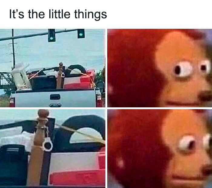 Pickup truck loaded with furniture and a tense monkey meme reacting, illustrating relatable relationship moments.