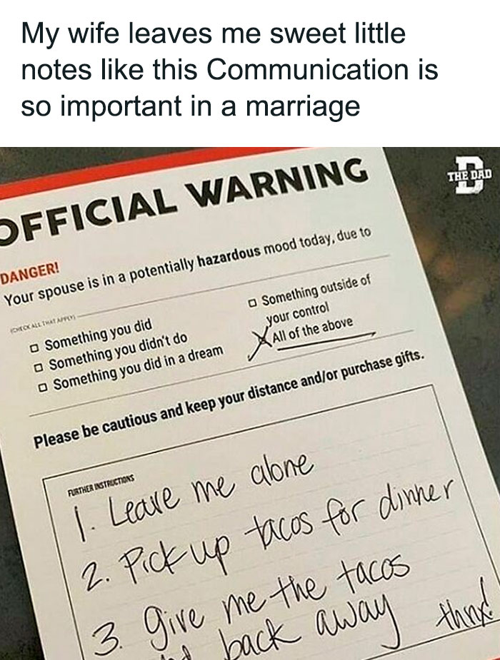 Hilarious relationship meme showing a funny official warning note about a spouse's hazardous mood and taco demands.