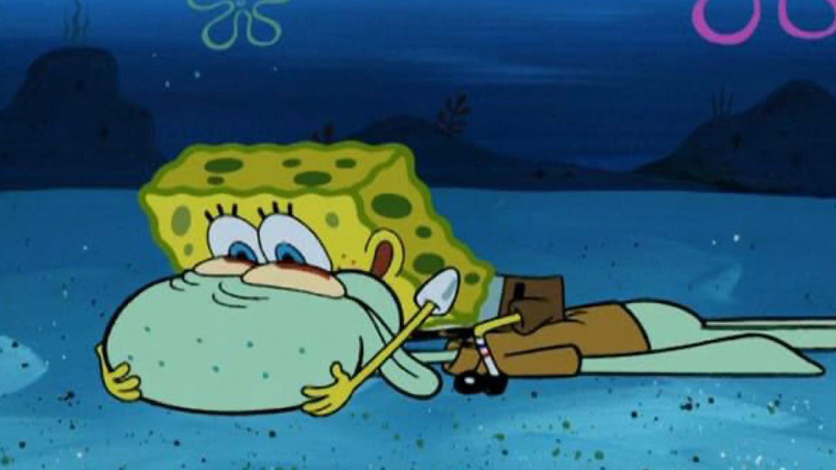 SpongeBob and Squidward in a humorous scene illustrating funny and relatable memes about relationships.