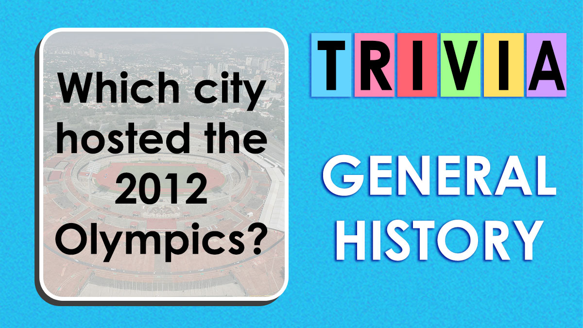 Trivia card with a general history question about the city that hosted the 2012 Olympics on a blue background.