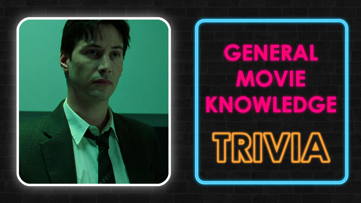 Scene from a movie featuring a serious man in a suit next to neon text reading general movie knowledge trivia quiz.