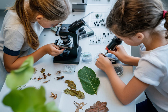 Two kids examining hermit crabs and insects on a table with microscopes, exploring pets and nature.