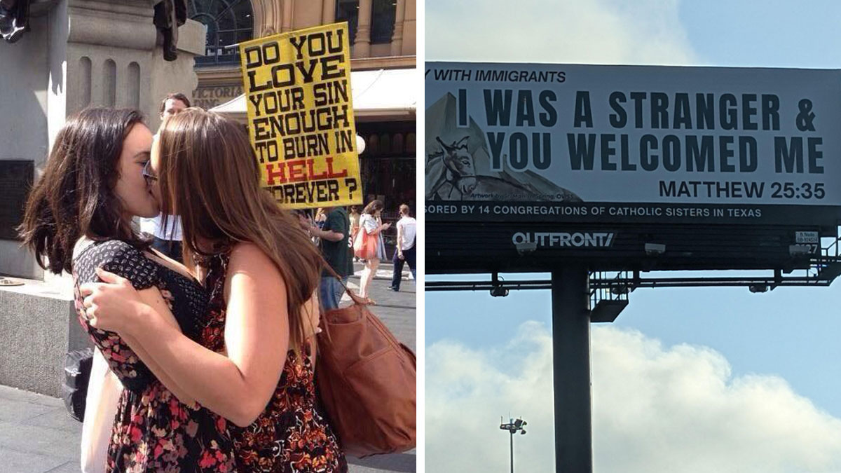 Two women kissing in front of a protest sign, paired with a welcoming billboard about immigrants and kindness.