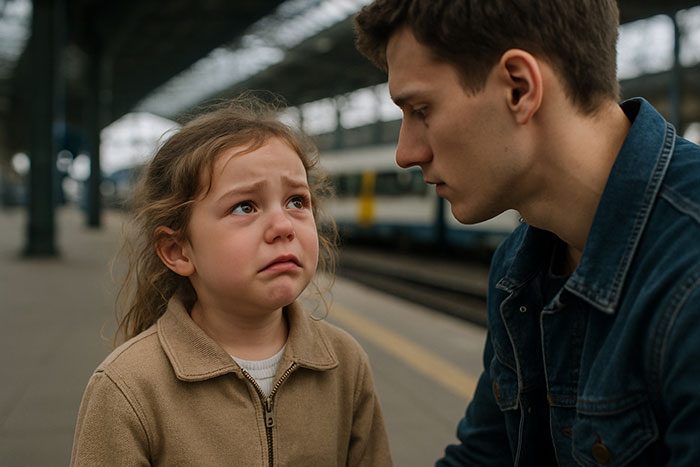 Young girl looking scared on train platform while a concerned man talks to her about parents abandoning child and CPS involvement.