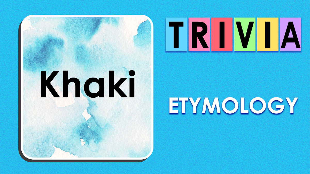 Trivia word Khaki on watercolor background with colorful letters and etymology text on bright blue surface.