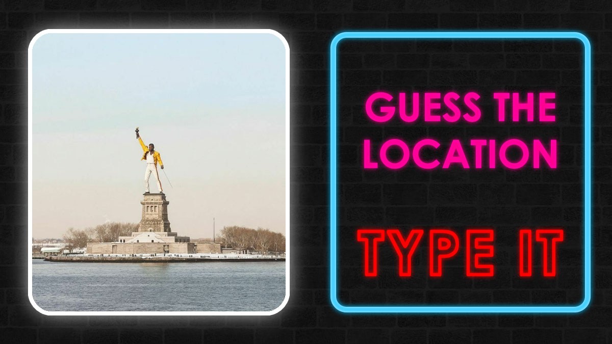 Statue of Liberty replaced with a Freddie Mercury statue in a location guessing game using landmarks.