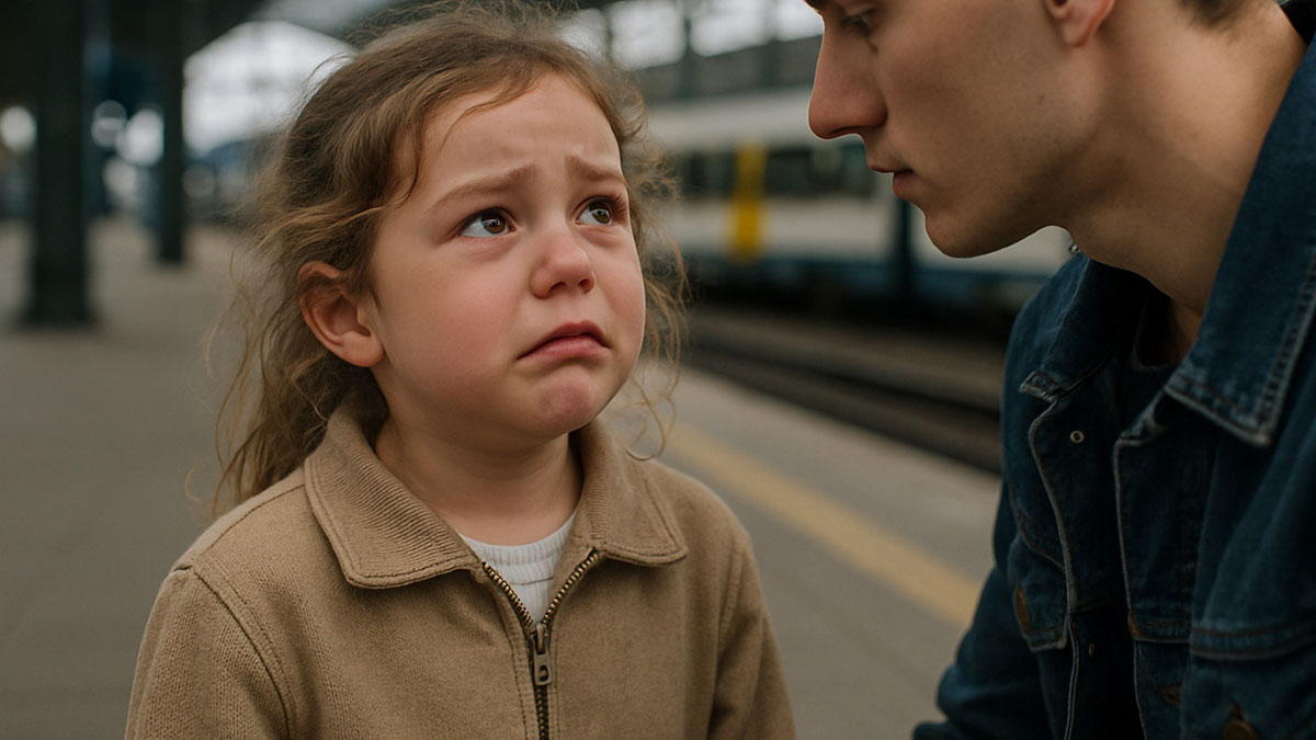 Sad 5-year-old girl abandoned in another city, looking worried while a concerned neighbor talks to her at a train station.