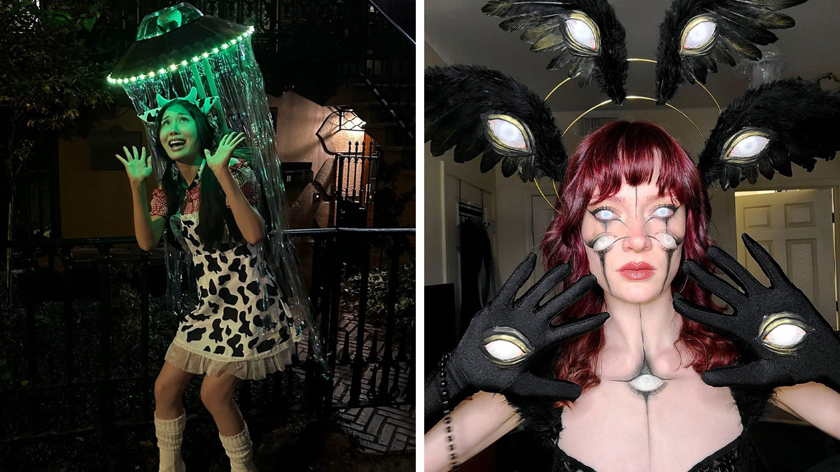 Two creative Halloween costumes featuring a glowing jellyfish outfit and a surreal multi-eyed makeup design.